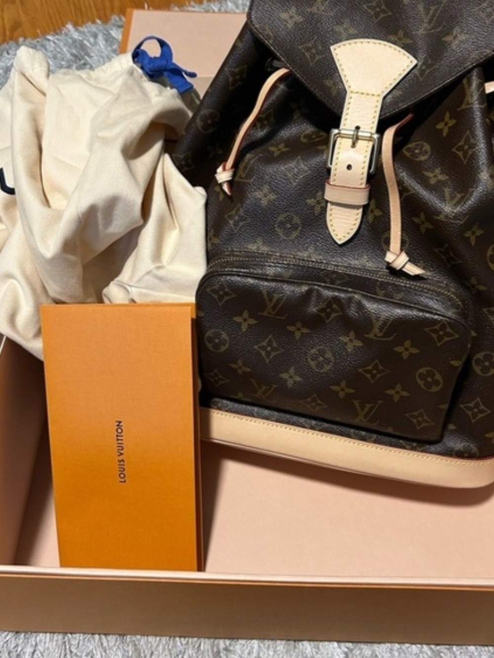 Louis Vuitton GM Brown Monogram Canvas Backpack with Natural Leather Trim